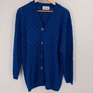 Vintage 80s Blue Open Knit Cardigan Sweater Gold Button‎ Laura by Alyzia USA